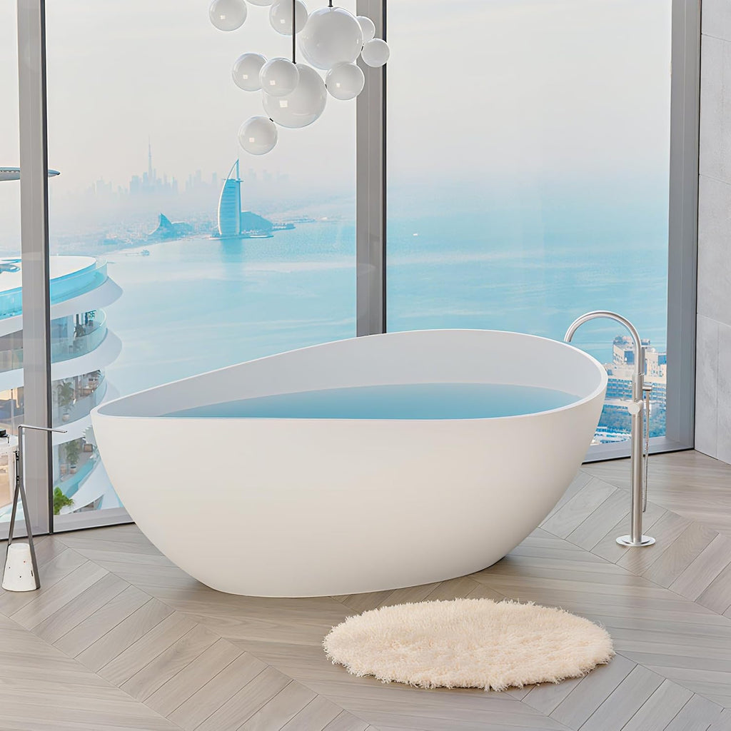63" Matte White Freestanding Solid Surface Bathtub - Stone Resin Soaking Tub, cUPC Certified