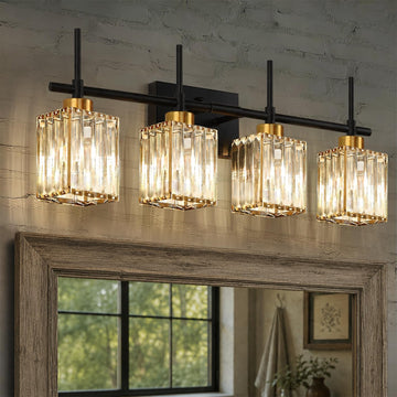 Modern Crystal Bathroom Vanity Light 4-Lights Gold Bathroom Light Fixtures Over Mirror Black and Gold Vanity Lighting