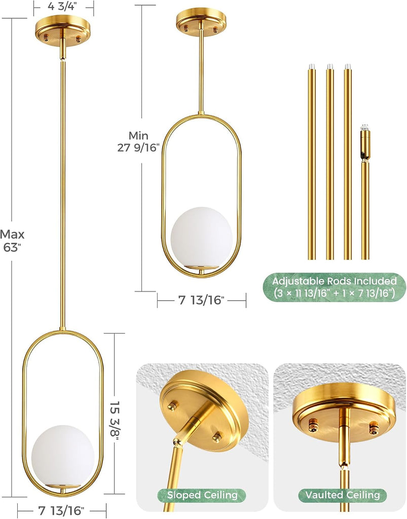 Pendant Lights Kitchen Island, Mid Century Modern Pendant Light Fixtures, Gold Globe Glass Pendant Lighting, Brass