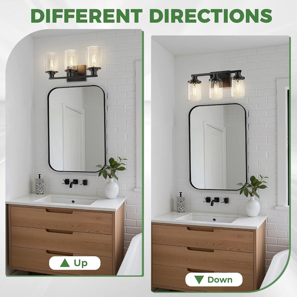 17 Inch Bathroom Light Fixtures, 3-Light Black Bathroom Lighting Fixtures Over Mirror with Clear Glass Shade, Vanity