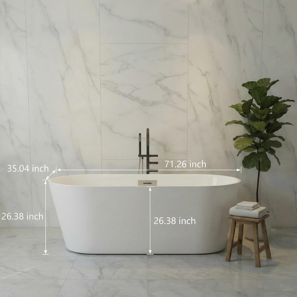67" Acrylic Freestanding Bathtub, Deep Soaking Tub with Non-Slip Base, cUPC Certified Free Standing Tub, Chrome Drain