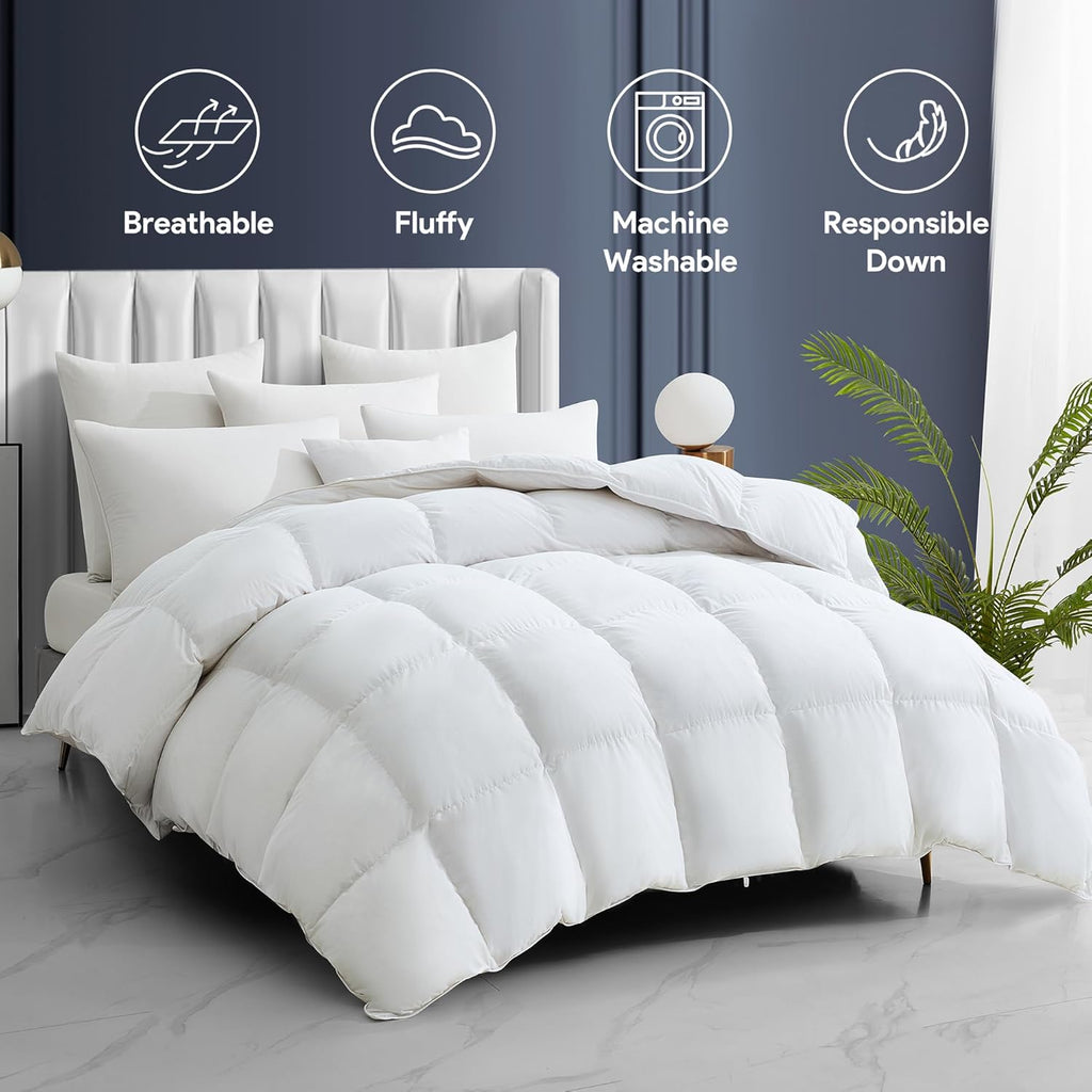 Feather Down Comforter Queen All Season White Down Duvet Insert Ultra Soft 100% Cotton Cover Fluffy 
