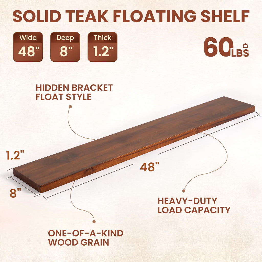 48" Solid Teak Floating Wall Shelf, Water Resistant & Sturdy Decor
