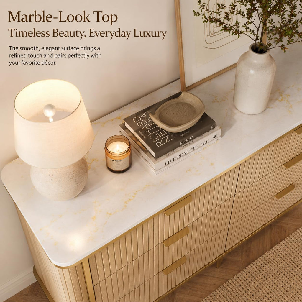 55.1" W 6 Drawer Dresser , Modern Fluted Wood Dresser with Marble-Look Top and Gold Accents, Double Chest of Drawers