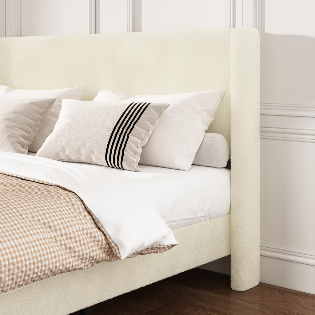 King Bed Frame, Boucle Upholstered Platform Bed with Iron & Wood, Beige