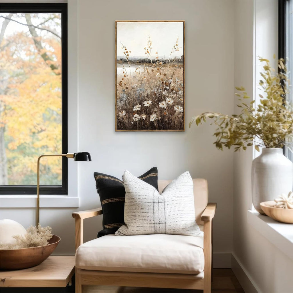 Vintage Wall Art Framed, Retro Countryside Autumn Wildflower Field Landscape Canvas Painting Farmhouse Decor Wall