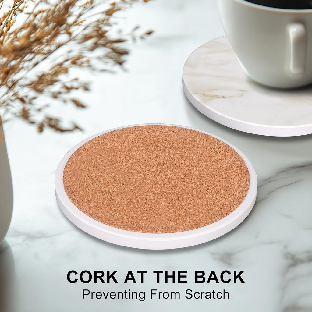 White Marble Style Ceramic Coasters with Holder Modern Coffee Table Decor Drink Coaster Gifts Absorbent - Set of 6