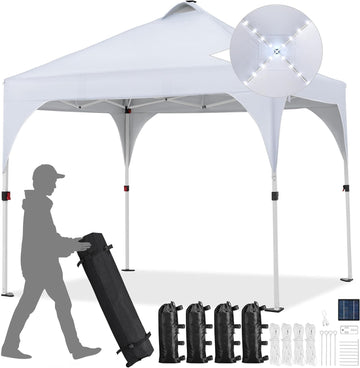 10x10ft Pop Up Canopy Tent Built-in Solar LED Lights UPF 50+, White