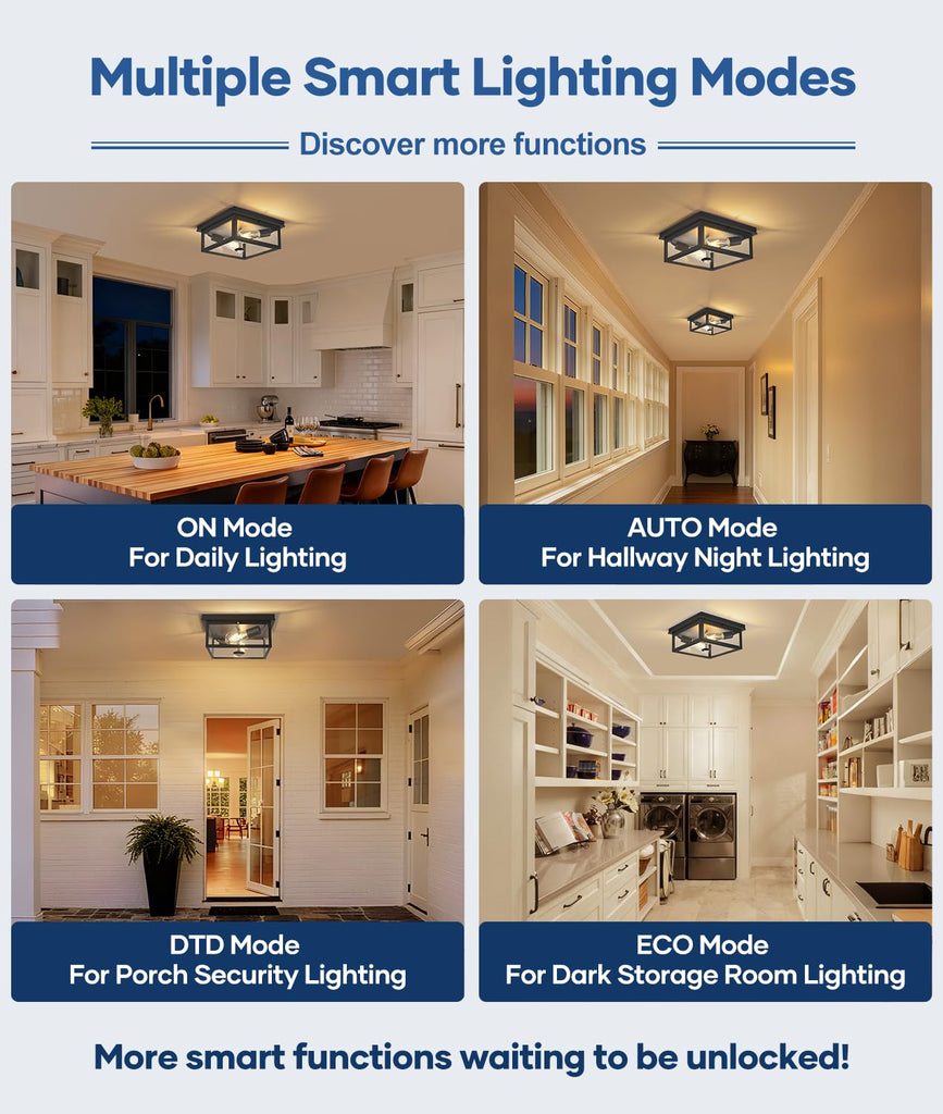 Motion Sensor Outdoor Ceiling Light with Remote, 12.2 Inch Black Flush Mount Porch Light Fixture with United Glass