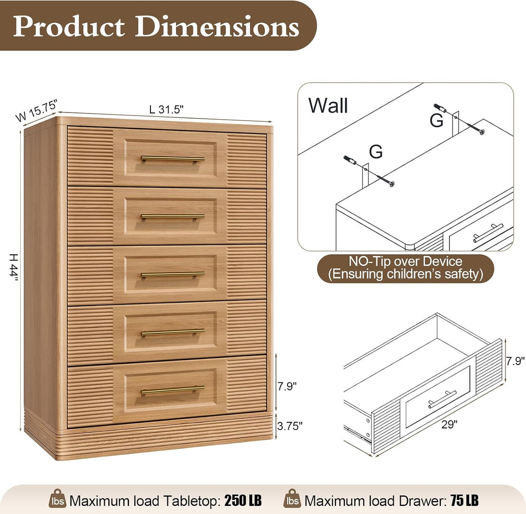 Farmhouse 5 Drawers Dresser , 44" Tall Modern Chest of Drawers, Wooden Curved Dresser Organizer , Natural Oak