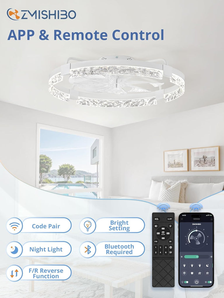 24 Inch Flush Mount Ceiling Fan with Light, Bladeless Low Profile Enclosed Fan Kids Room