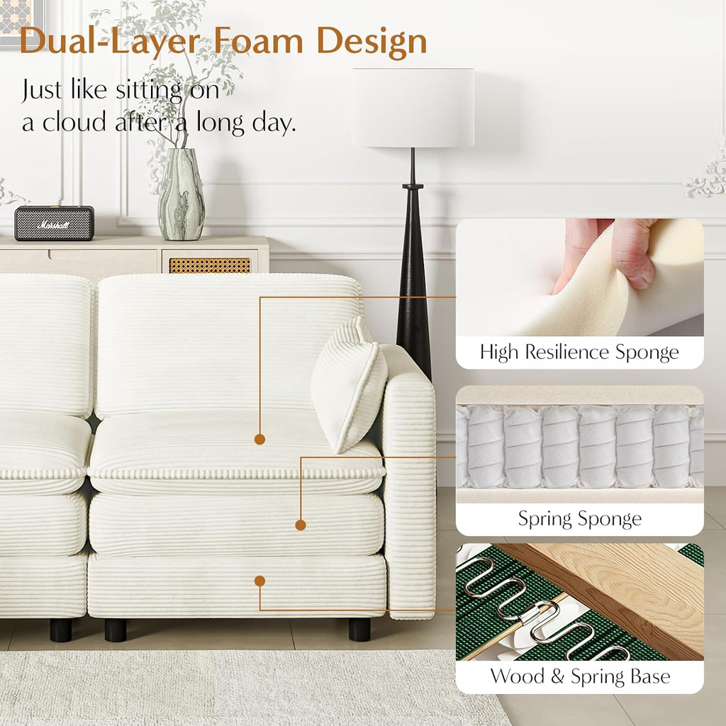 L Shaped Couch Sectional Sofa with Chaise 3 Seat Couch Modular Cloud Sofa Corduroy Couch Cream White Living Room