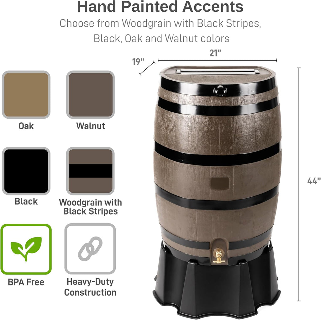 50-Gallon Rain Barrel, Flat Back Rain Water Collection Barrel, Stand Included, Woodgrain with Black Stripes