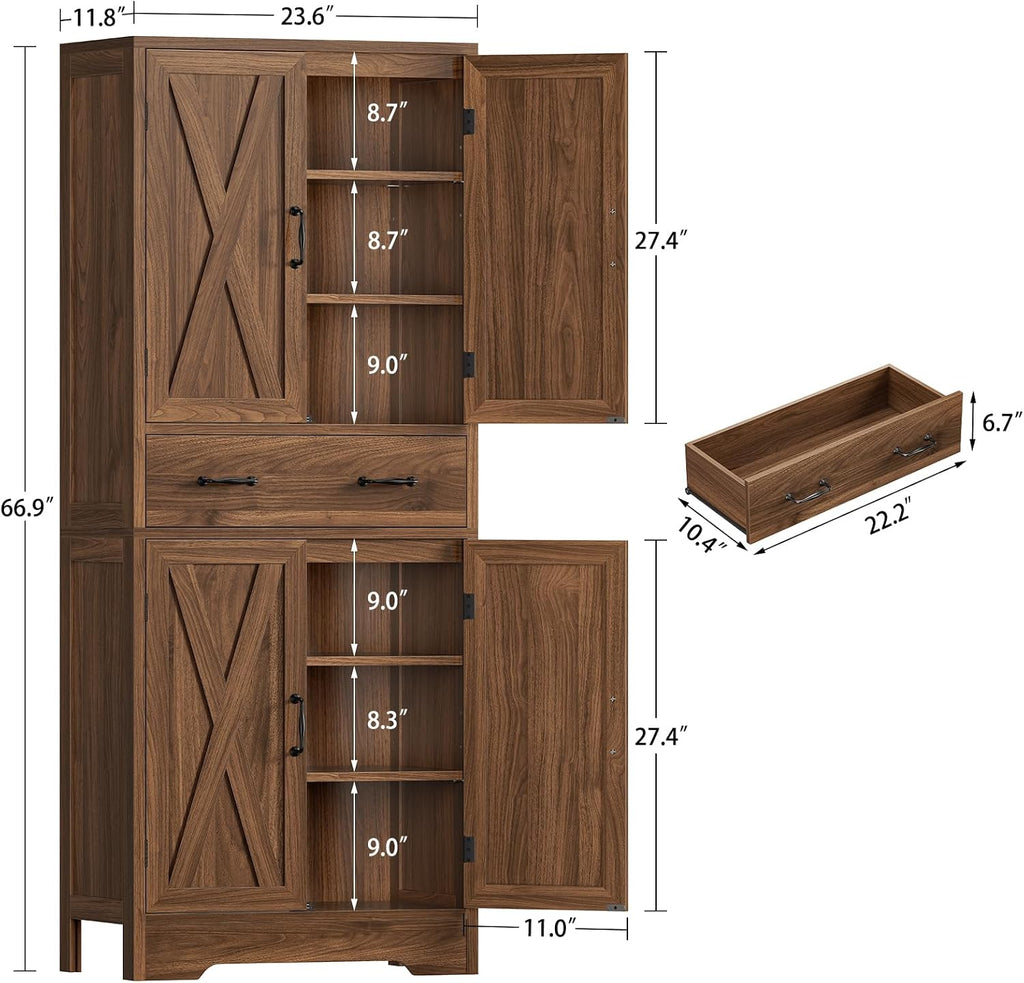 Tall Storage Cabinet with 2 Adjustable Shelves & 1 Large Drawer, Kitchen Pantry Cabinet with 4 Doors, Bathroom