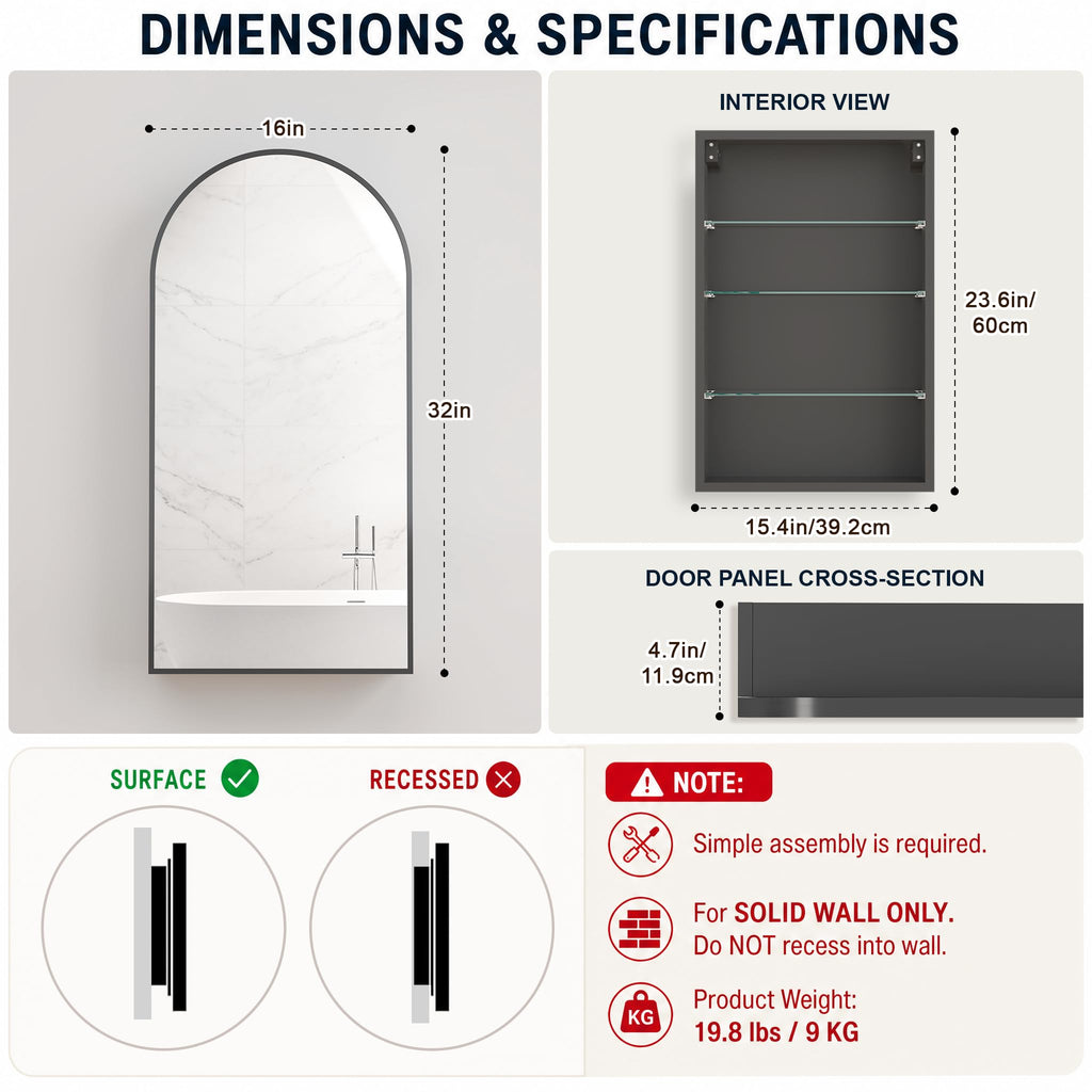 Mirrored Medicine Cabinets, Arched Mirror with Storage