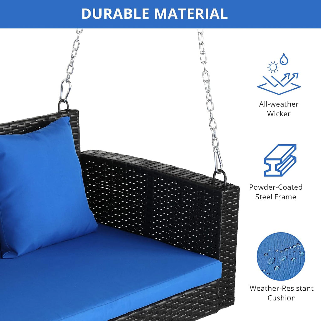 4FT Wicker Porch Swing for 2 Person, 800lb Capacity Outdoor Hanging Bench with Removable Cushions, Handwoven