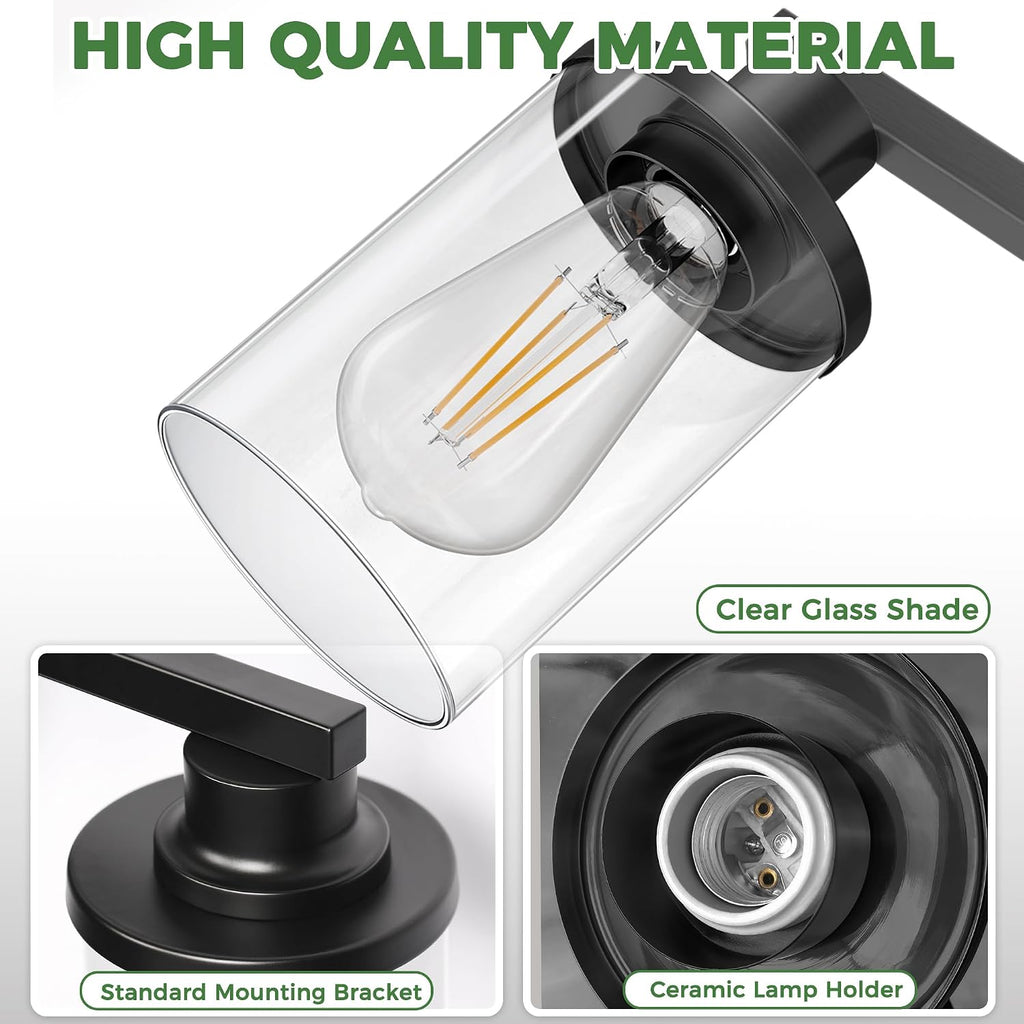 17 Inch Bathroom Light Fixtures, 3-Light Black Bathroom Lighting Fixtures Over Mirror with Clear Glass Shade, Vanity