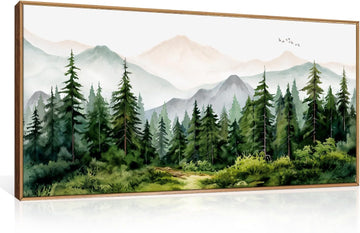 Green Forest Tree Mountain Range Framed Canvas Wall Art, Watercolor Nature Wall Decor, Woodland Nursery Wall