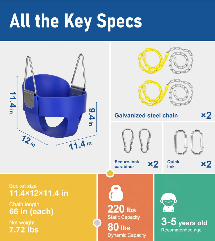 High Back Full Bucket, Toddler Swing with Coated Chains & Triangle Dip Pinch Protection for Safety, Baby Swing