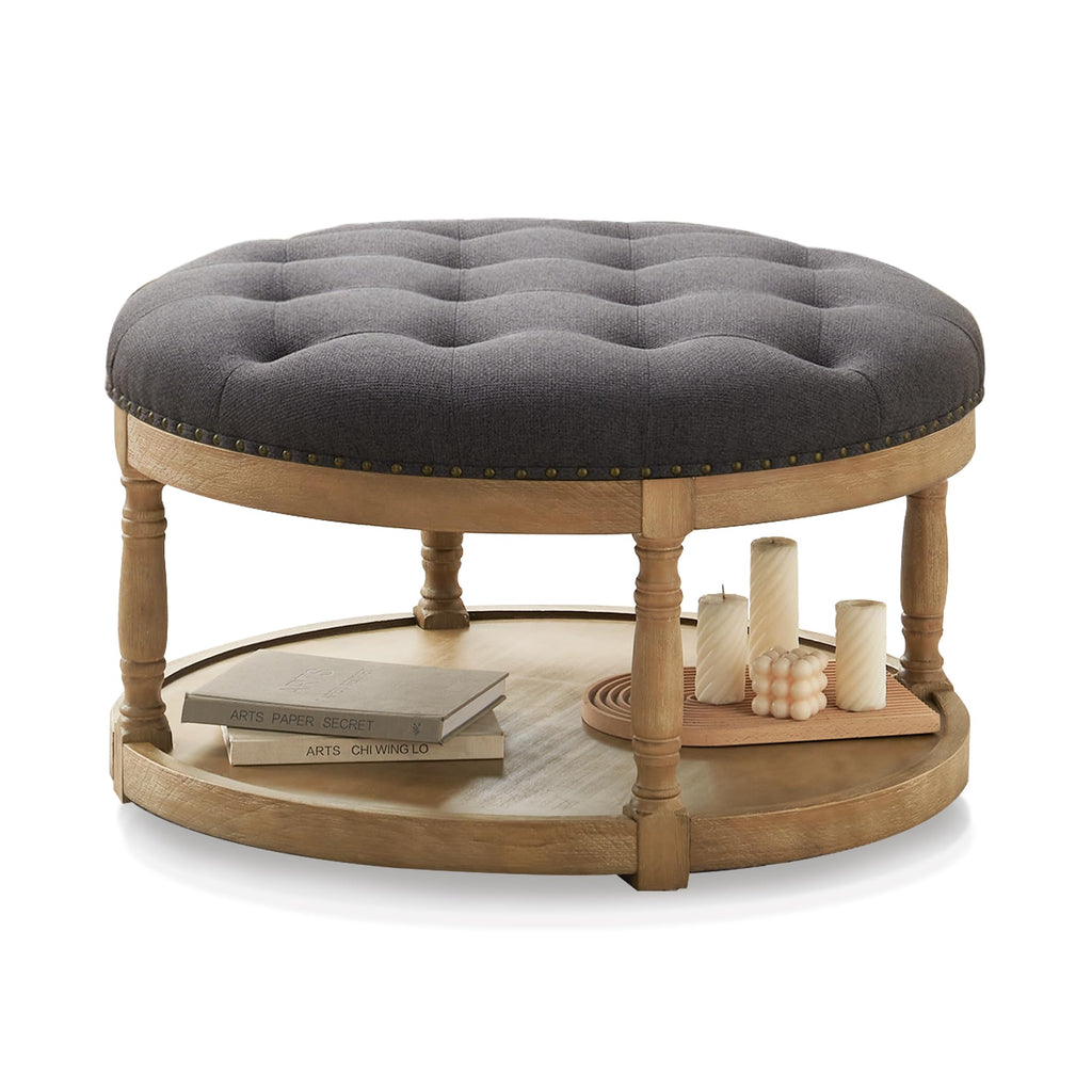 33" Large Round Ottoman Coffee Table with Storage, Upholstered Button Tufted Linen Footrest Ottoman with Wood Storage
