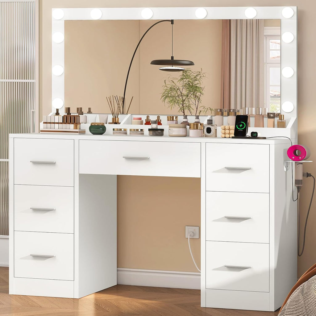 Vanity with Large Mirror and 12 LED Lights, Vanity Desk with 7 Drawers & Hairdryer Holder, Makeup Vanity Desk with