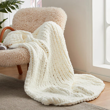 Chunky Knit Throw Blanket, Soft Chenille Handmade Crochet Throw Rope Knit Blanket, 40"x50", Ivory