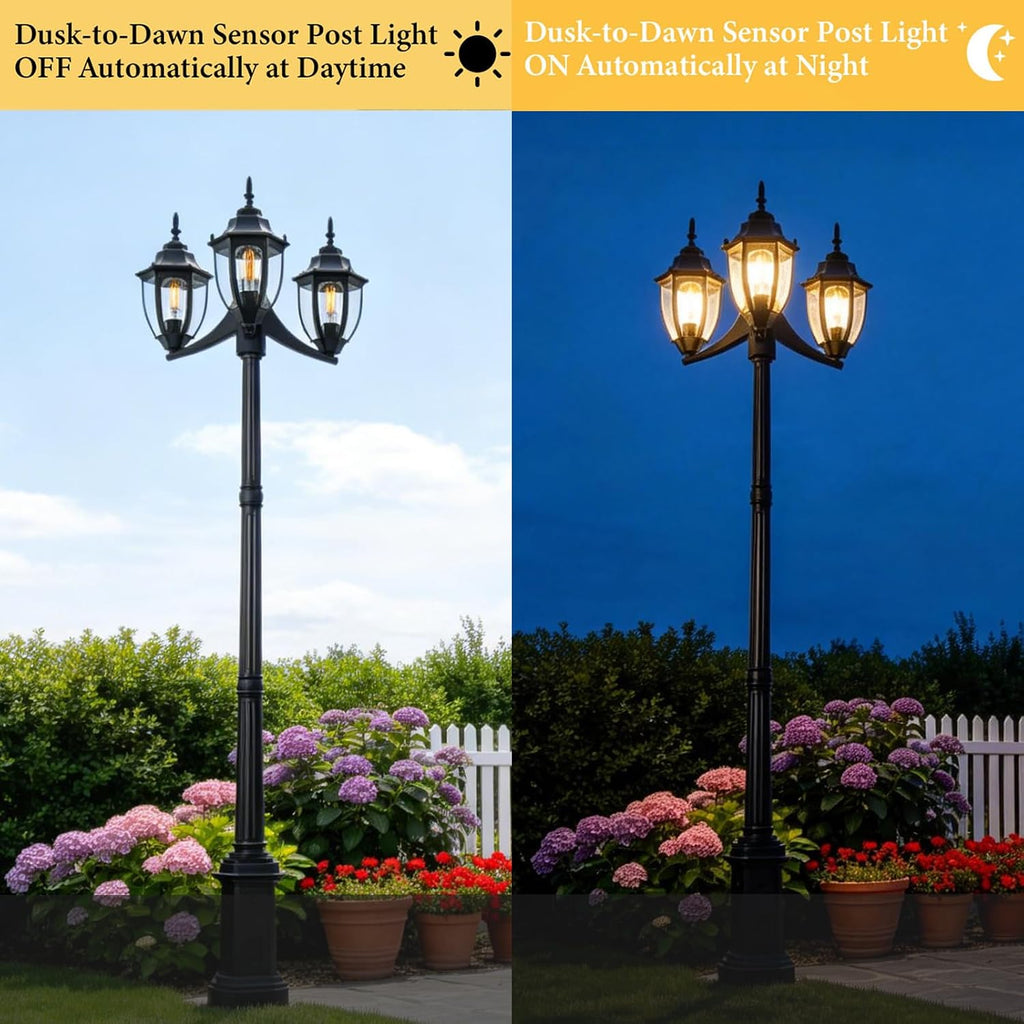 Outdoor Post Light Dusk to Dawn Sensor 3-Head Outdoor Lamp Post with Outlet Gfci