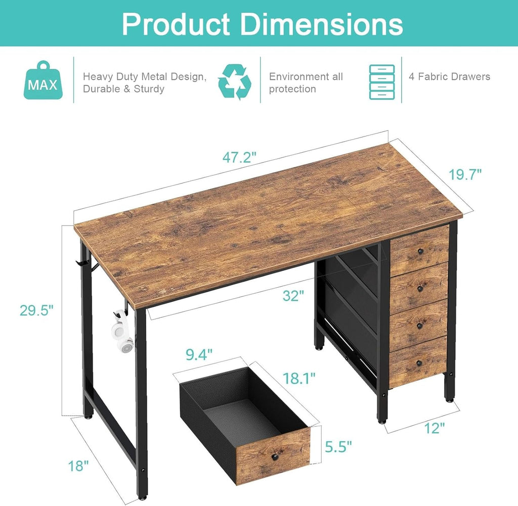 47 inch Computer Desk with 4 Drawers, Reversible Writing Work Study Desk Bedroom, Modern Simple Student PC Desks