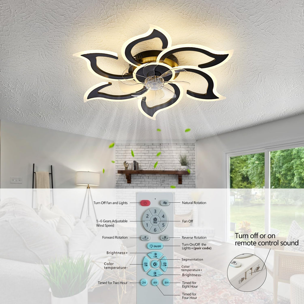 35" Black Modern Ceiling Fan with Light Remote Control, 3 Light Color 6 Speeds Samll Low Profile Ceiling Fan