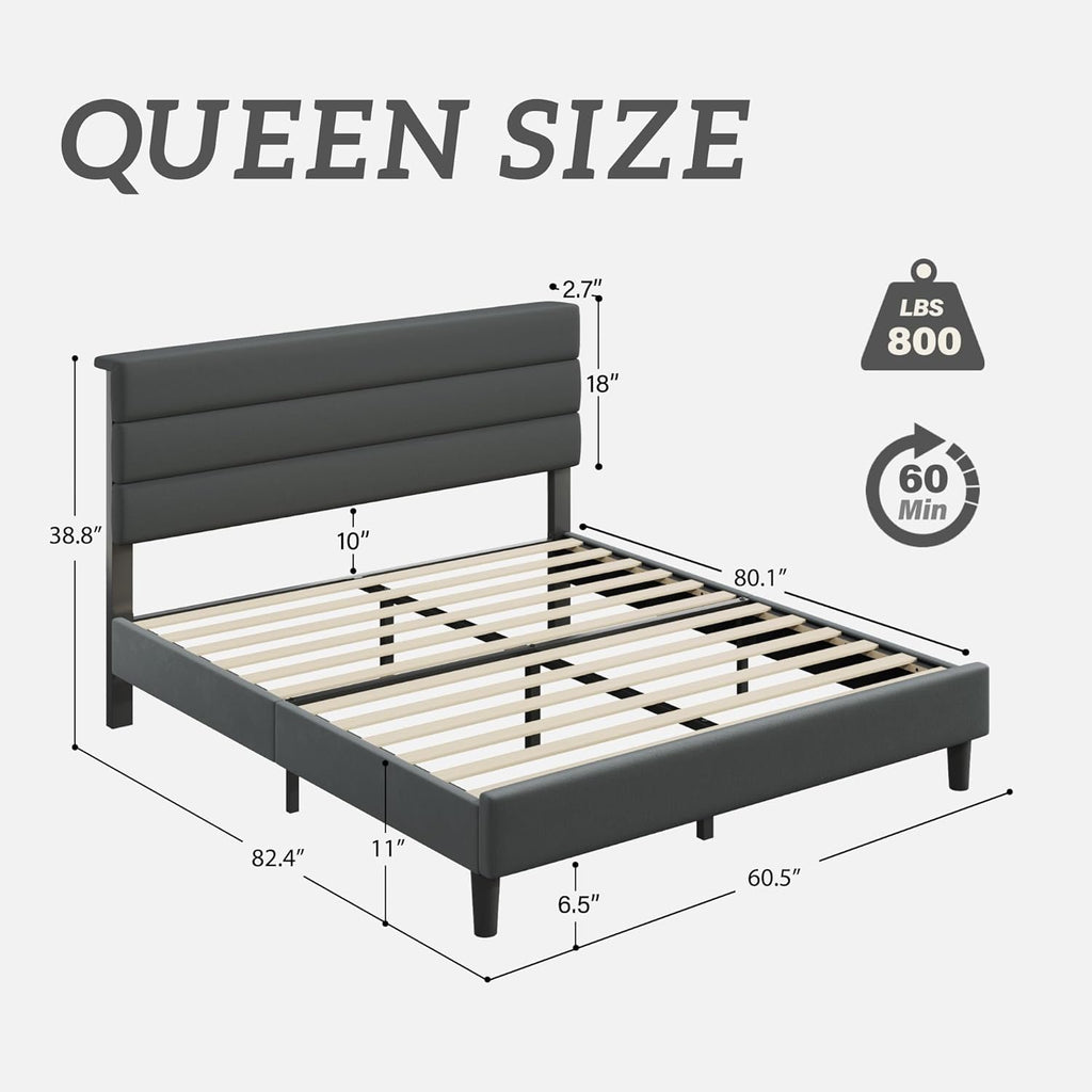 Queen Bed Frame, Platform Bed Frame with Velvet Upholstered Headboard, No Box Spring Needed, Sturdy Metal Support