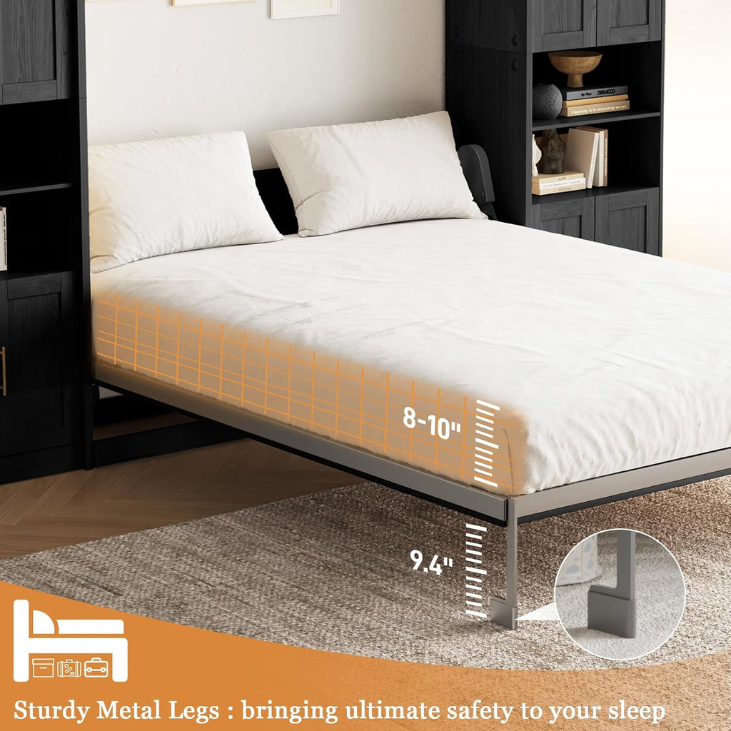 Queen Murphy Bed with 2 Storage Cabinet Shelves, Farmhouse Wood Hidden Foldable Wall Bed Frame, Space Saving Beds