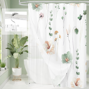 3 in 1 Shower Curtain Set, Sage Green Watercolor Floral Bath Curtain and PEVA Liner Set with 12 Double Sided Steel