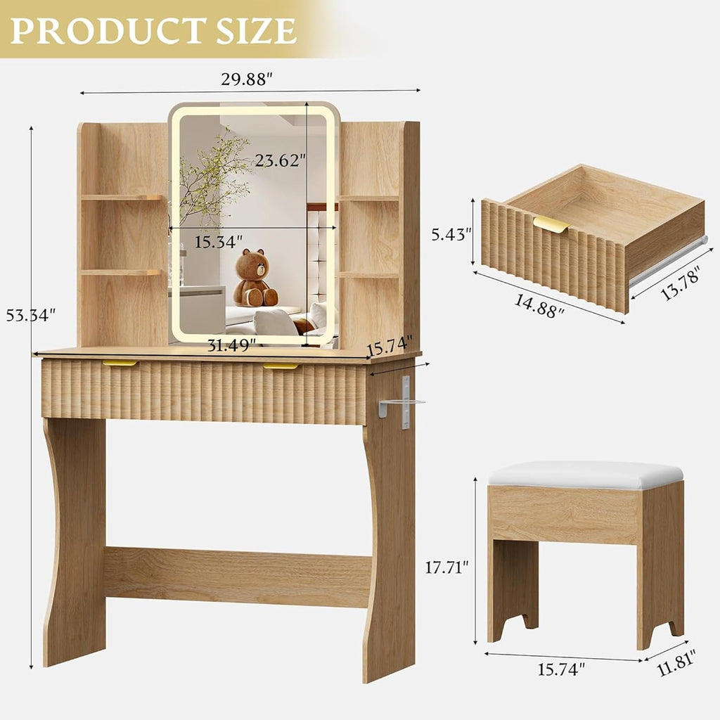 Vanity Desk with LED Lights Mirror & Power Outlet, Small Makeup Vanity Table Set with Storage Drawers & Chair, 3