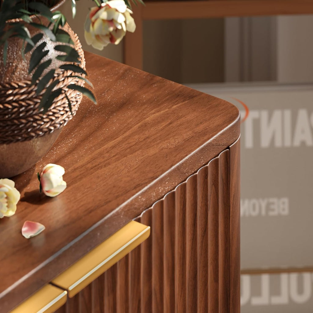 67" Fluted Walnut Buffet Cabinet Sideboard with Storage, Large Credenza with 6 Doors