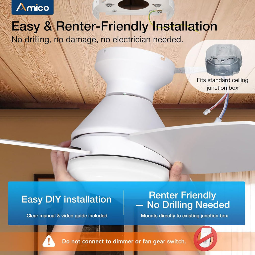 Ceiling Fans with Lights, 42 inch Low Profile Ceiling Fan with Light and Remote Control, Flush Mount, Reversible, 3CCT, Dimmable, Noiseless, White Ceiling Fan for Bedroom, Indoor/Outdoor Use