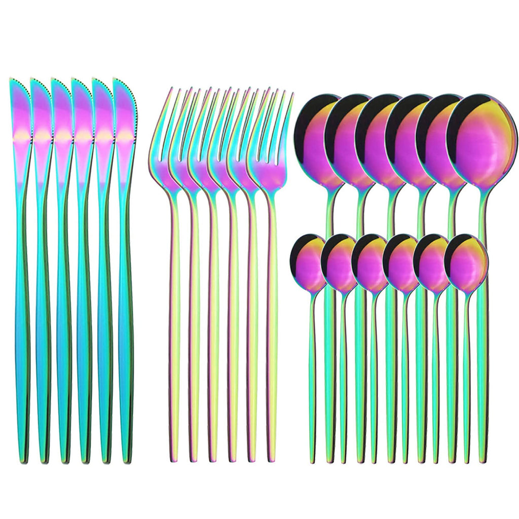 24-Piece Mirror Rainbow Flatware, 18/0 Stainless Steel Dinnerware Set Include Knife Fork Spoon Teaspoon Cutlery Set