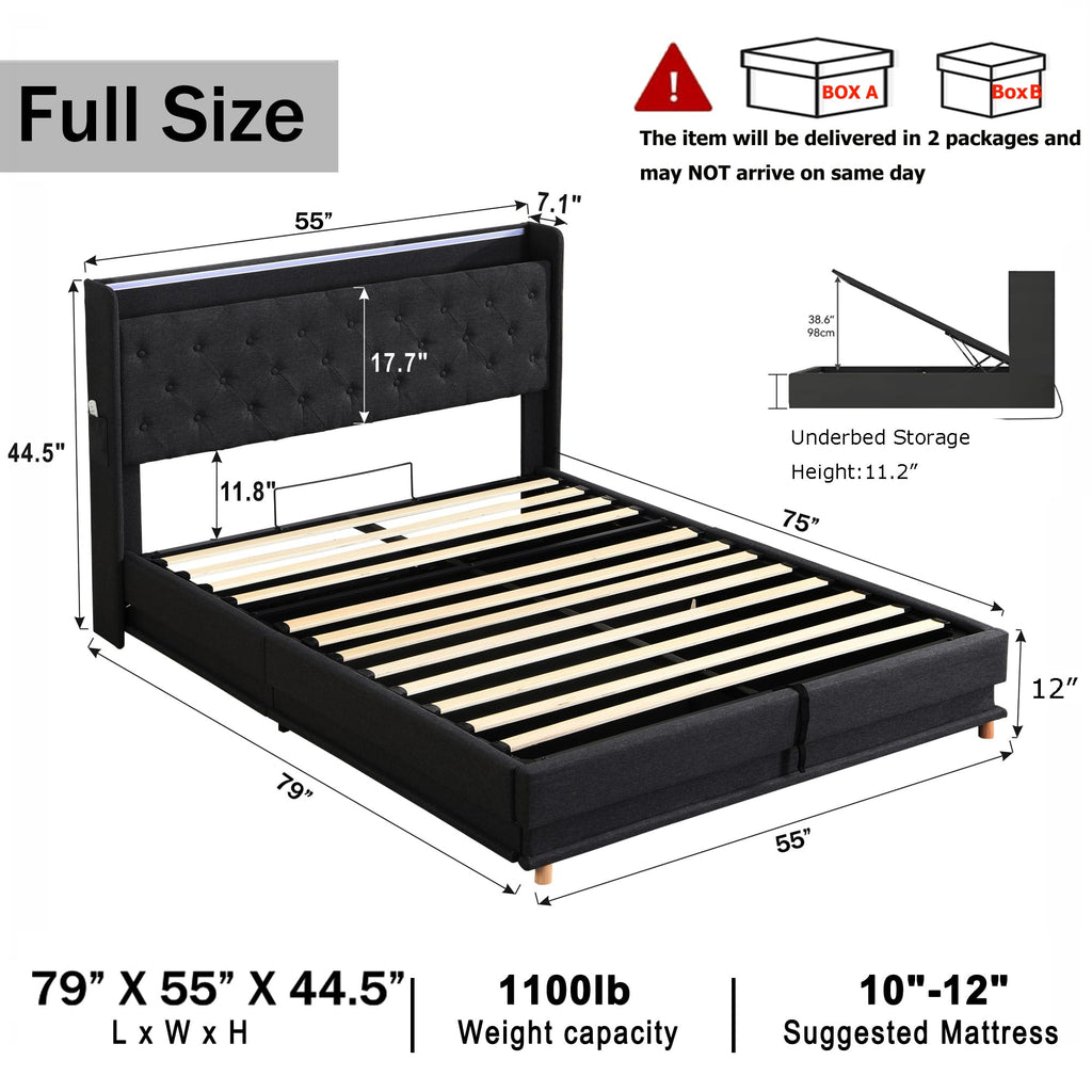 Full Size Bed Frame with Headboard, Lift Up Storage Bed Frame with Charging Station&Led Lights, Upholstered Platform