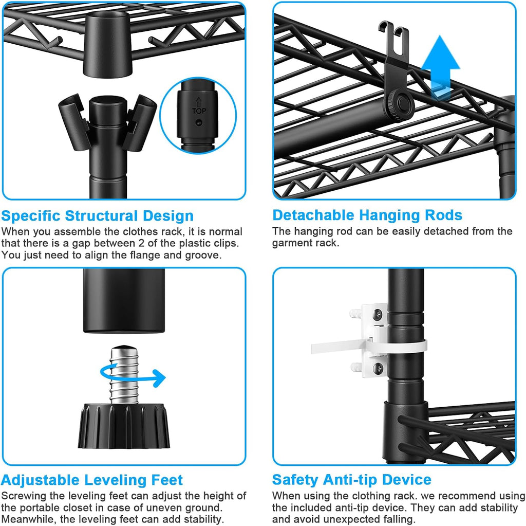 E10 Clothes Rack(With Stretchable Hanger Rod)Freestanding Clothing Racks for Hanging Clothes,Adjustable Closet
