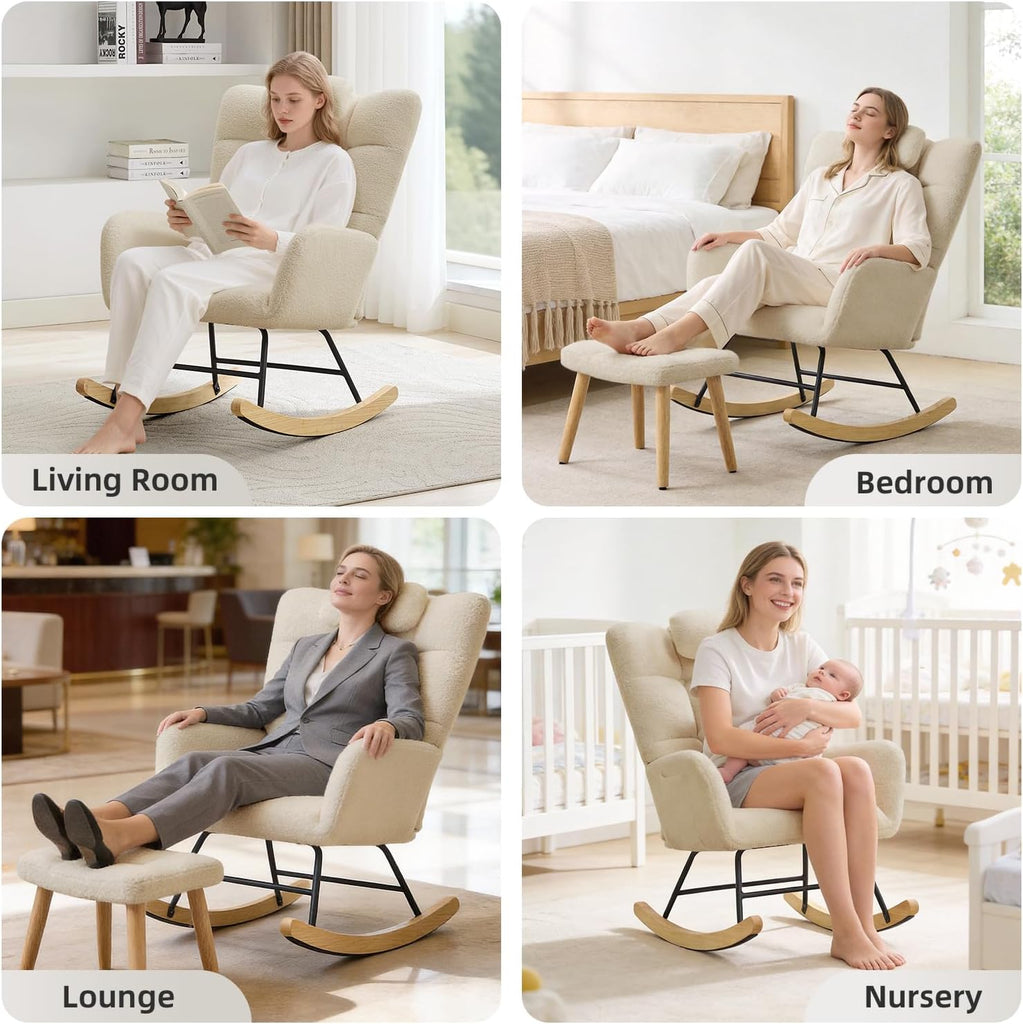 Nursery Rocking Chair with Ottoman, Teddy Upholstered Glider Rocking Chair with High Backrest, Armchair Reading Chair