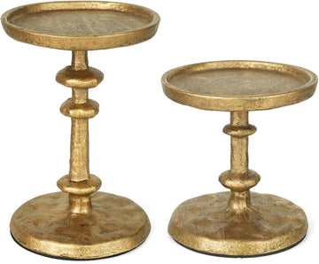 Gold Cast Iron Pillar Candle Holders Set of 2 Farmhouse Candlesticks | Fireplace Mantel, Dinning Table Centerpieces
