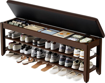 2-Tier Solid Wood Shoe Rack Bench with Flip-Top Storage | Entryway Bench with Cushion, Adjustable Shelf, Holds Up to