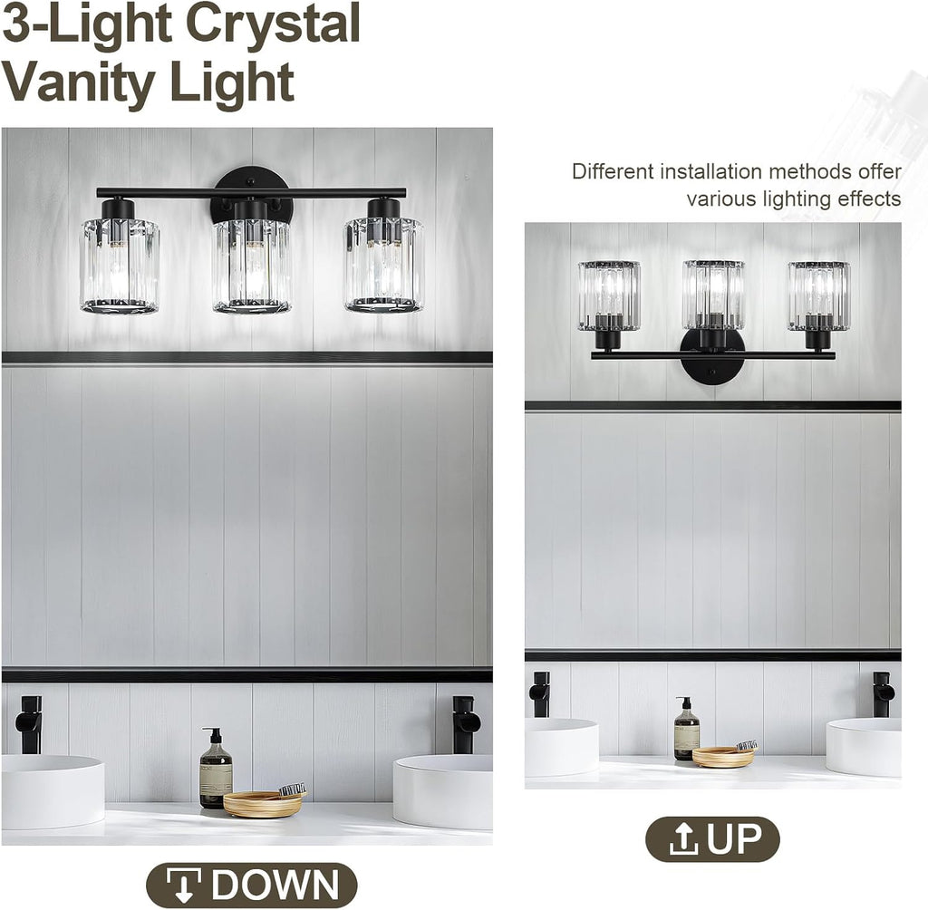 Modern Black Crystal Bathroom Light Fixtures,3-Light | Bathroom Lighting Fixtures over Mirror,Vanity Lights for