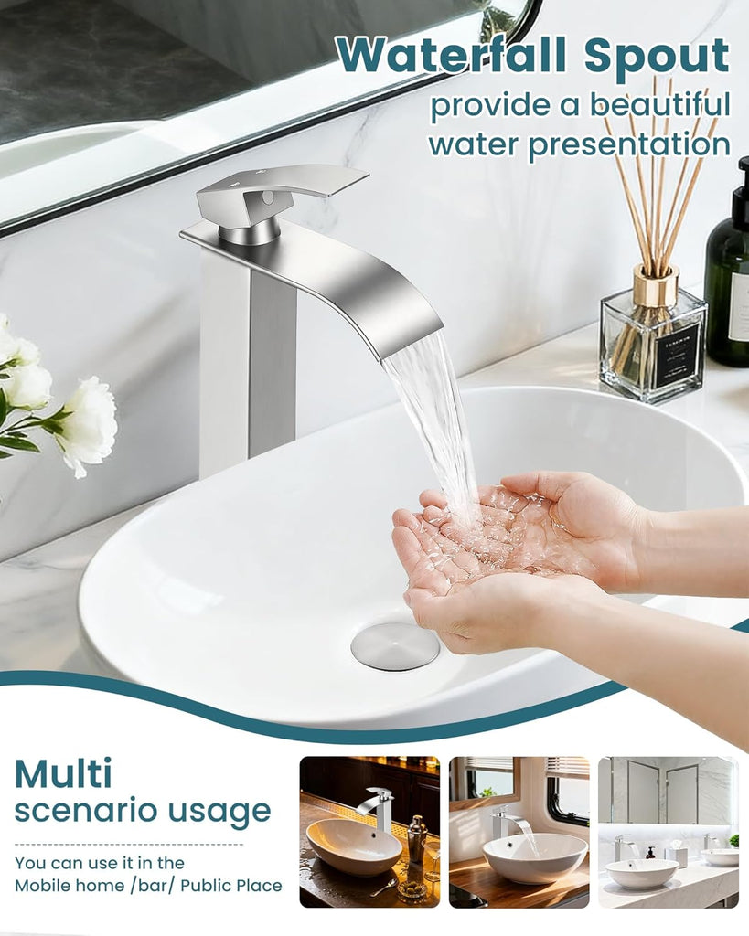 Brushed Nickel Vessel Sink Faucet, Tall Waterfall Bathroom Faucet