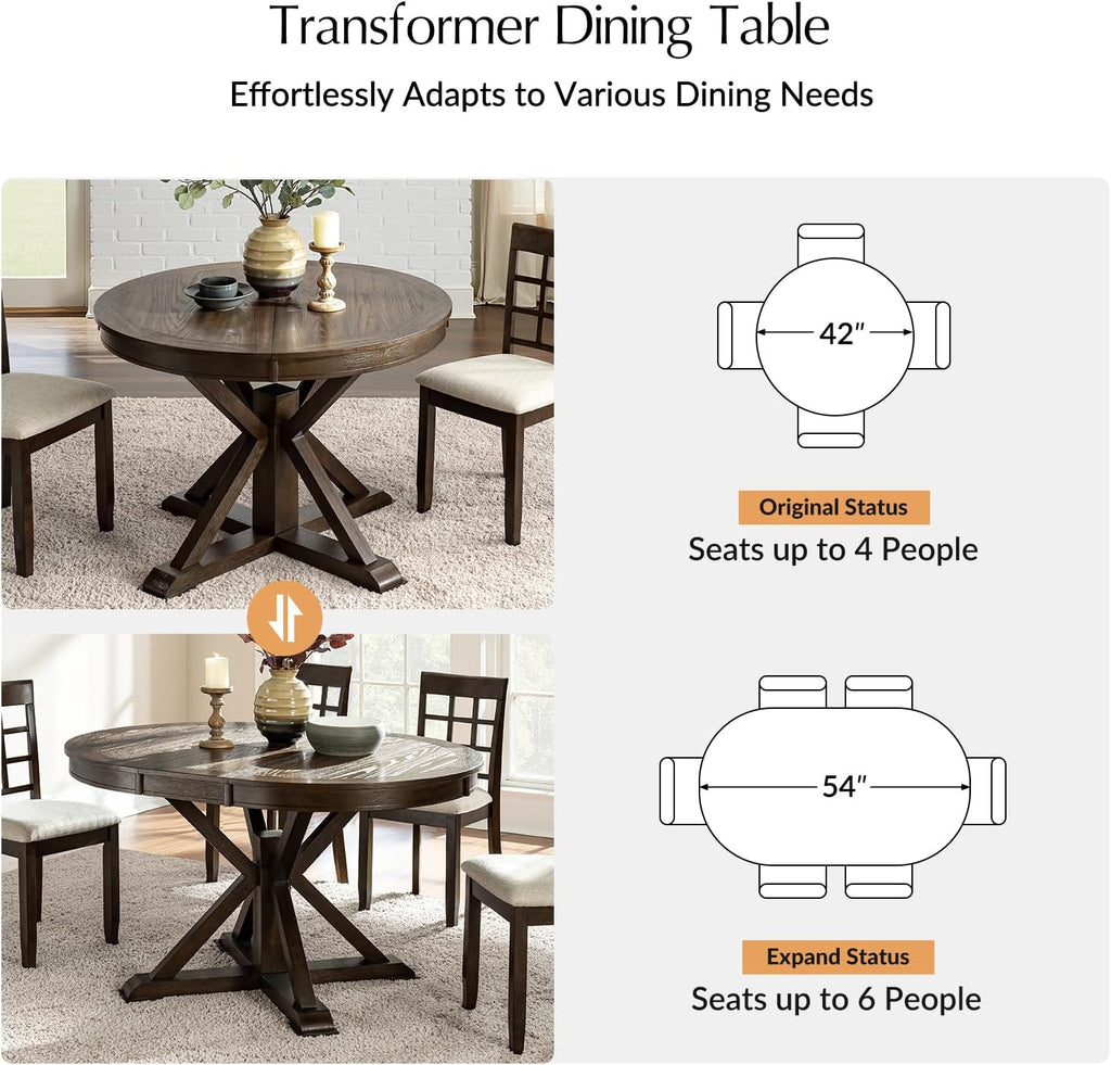 42"-54" Oval Round Extendable Dining Table, Farmhouse Solid Wood Expandable Kitchen Table with Leaves Space