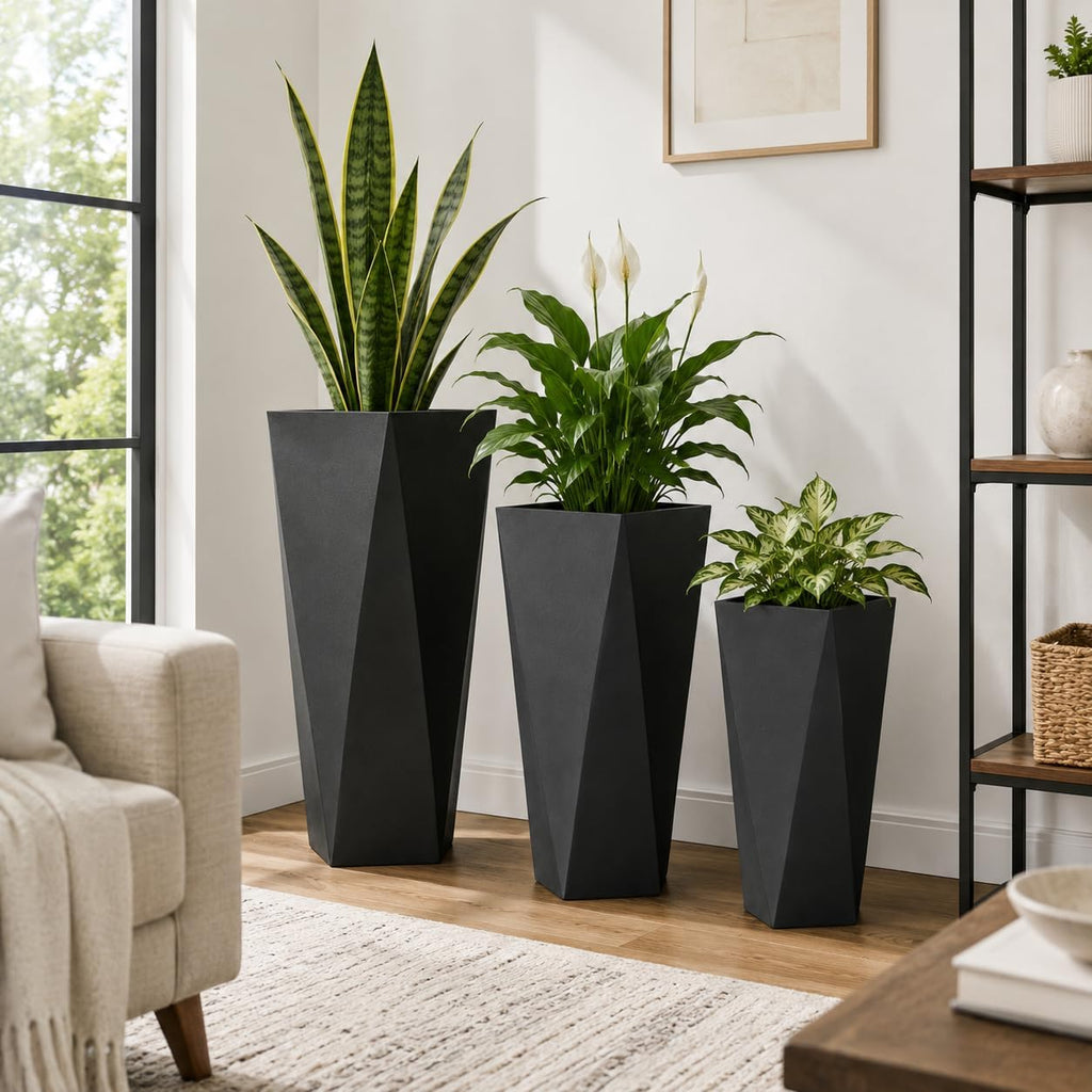 Tall Large Planters Set of 3, Modern Stackable Outdoor Flower Pots with Drainage Holes, Geometric Geometric