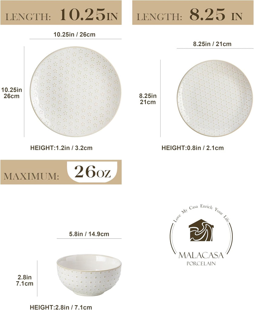 24 Piece Dinnerware Set, Embossed Ceramic Dish Sets Service for 8, Plates and Bowls Set