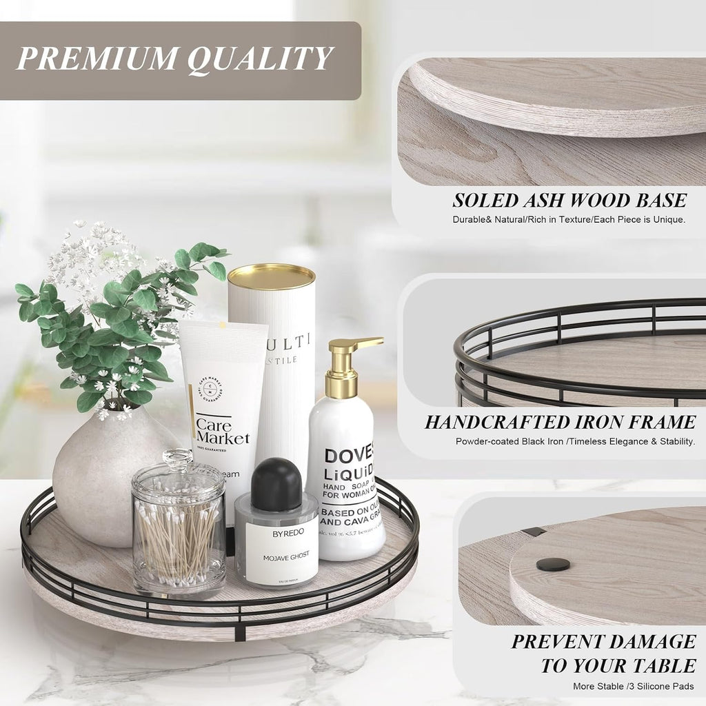 12" Farmhouse Lazy Susan & Coffee Table Decor - Rustic Whitewashed Wood Tray with Black Metal Frame, Decorative
