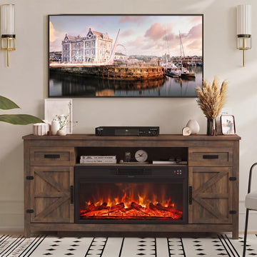 Fireplace TV Stand, 70" Farmhouse TV Stand with Barn Door for 80" TVs, Entertainment Center with Black Fireplace & Storage, Brown