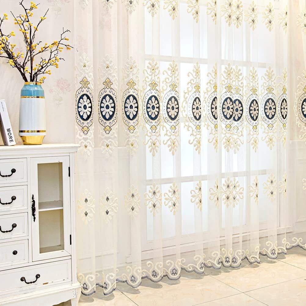 Beige Embroidered Sheer with Blue Pattern European Style Curtains for Bedroom Transparent Tulle,Grommet Top,52" W x