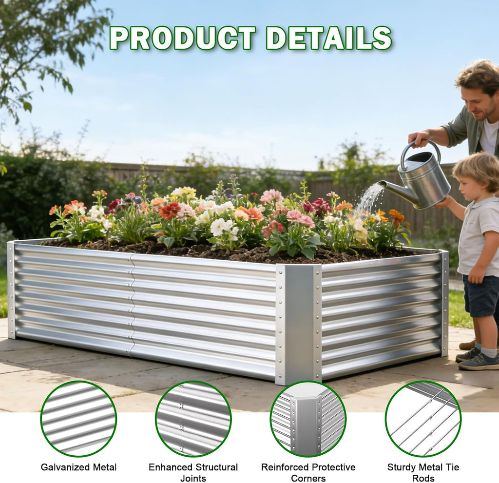 8x4x2ft Raised Garden Bed, Deep Root Planter Box, Silver,1 Pack